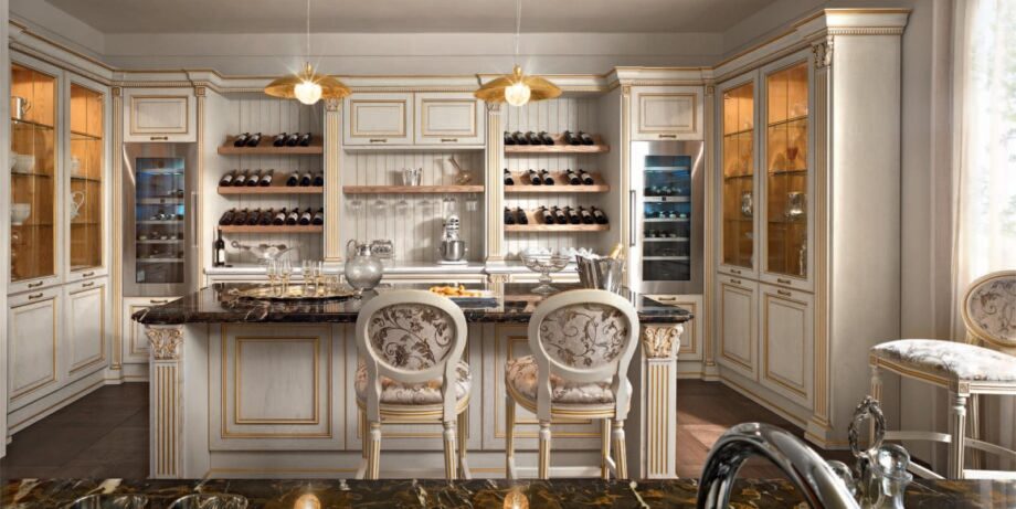 Roma kitchen | FM bottega d'Arte. The Roma kitchen exudes luxury and elegance with exquisite craftsmanship and ample storage. A versatile blend of traditional and modern design.