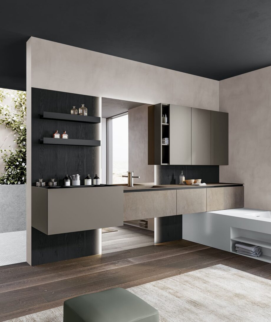 Facto bathroom | Birex. Facto by Birex offers modern, industrial design with functional organization, unique volumes, and durable materials for a stylish bathroom upgrade.