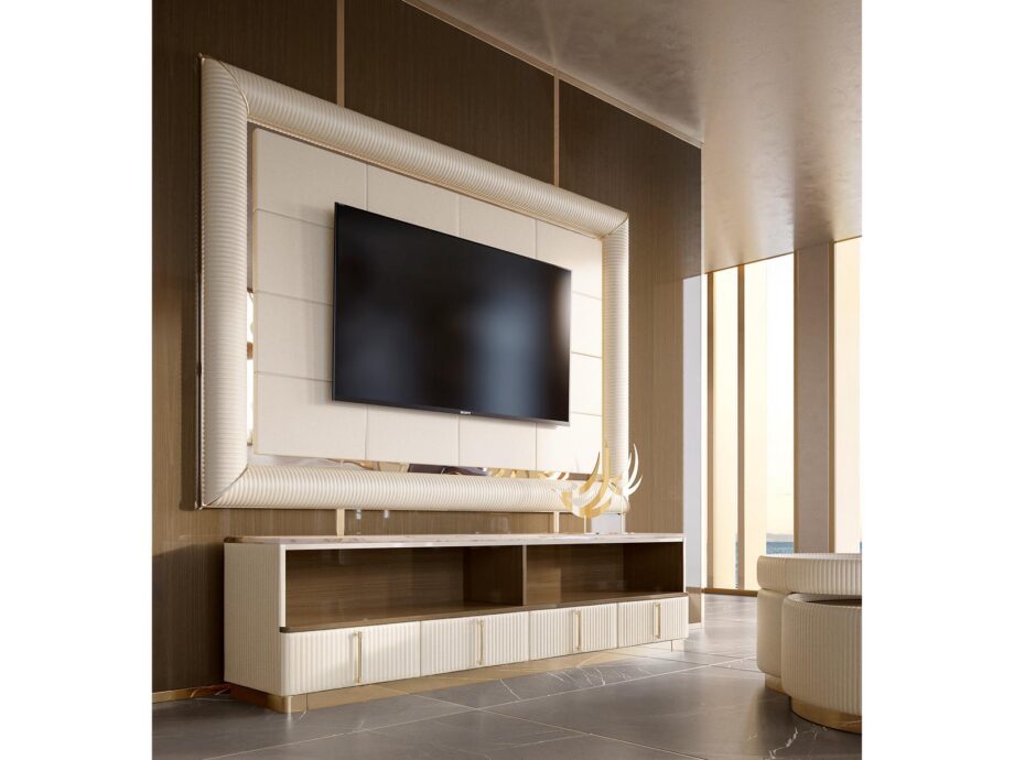 Augusta sideboard | Volpi. AUGUSTA Sideboard: Plywood construction, fabric or leather upholstery, marble or wood top, soft-close drawers, cable management, stylish chrome base.