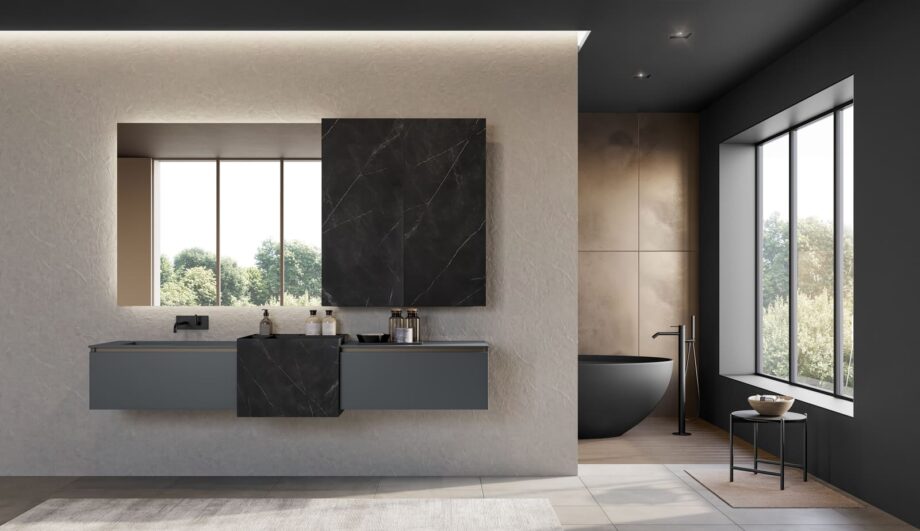 Facto bathroom | Birex. Facto by Birex offers modern, industrial design with functional organization, unique volumes, and durable materials for a stylish bathroom upgrade.
