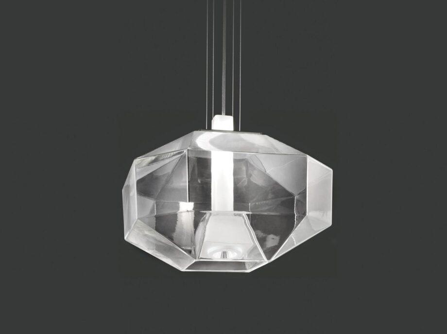 Stone Sp pendant lamp | Vistosi. Stone pendant lamp combines blown glass lightness with robust geometries. LED light source for brilliant illumination. Nickel black metal parts.