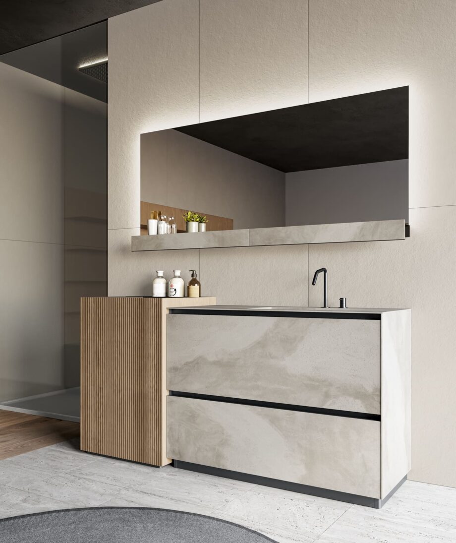 Facto bathroom | Birex. Facto by Birex offers modern, industrial design with functional organization, unique volumes, and durable materials for a stylish bathroom upgrade.