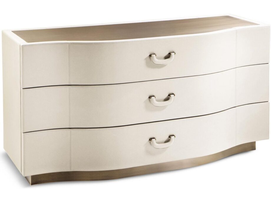 Valentino chest of drawers | Cantori. Elegant leather-upholstered dresser with vintage-inspired handles and a bronze base, offering a unique blend of luxury and practicality for sophisticated bedroom storage.