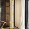 Thirties floor lamp | Olev. Retro-inspired THIRTIES floor lamp emits warm light; features laser-engraved plexiglass stems, metallic accents, LED source, and energy-efficient design.