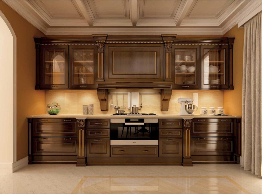 Roma kitchen | FM bottega d'Arte. The Roma kitchen exudes luxury and elegance with exquisite craftsmanship and ample storage. A versatile blend of traditional and modern design.