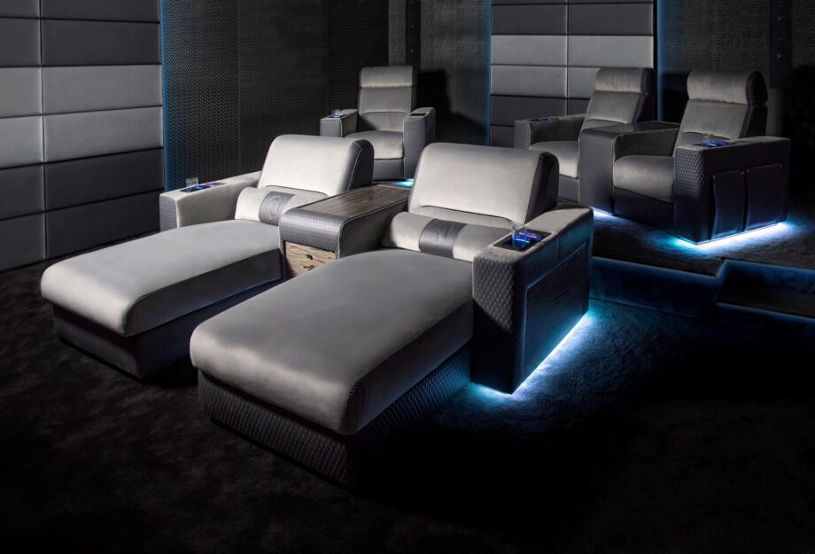 Dustin armchair | Formitalia. Luxurious reclining cinema seat with velvet and leather finish, integrated fridge, LED lights, and USB charging for ultimate comfort.