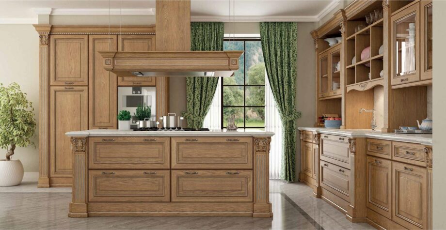 Roma kitchen | FM bottega d'Arte. The Roma kitchen exudes luxury and elegance with exquisite craftsmanship and ample storage. A versatile blend of traditional and modern design.