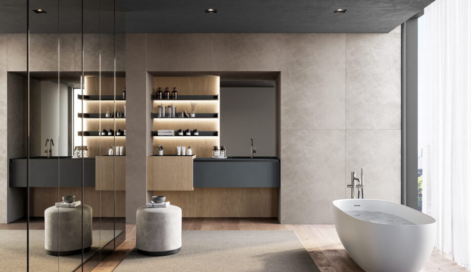 Facto bathroom | Birex. Facto by Birex offers modern, industrial design with functional organization, unique volumes, and durable materials for a stylish bathroom upgrade.