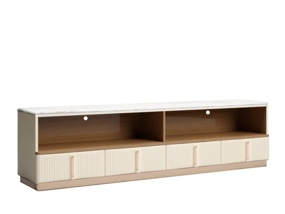 Augusta sideboard | Volpi. AUGUSTA Sideboard: Plywood construction, fabric or leather upholstery, marble or wood top, soft-close drawers, cable management, stylish chrome base.