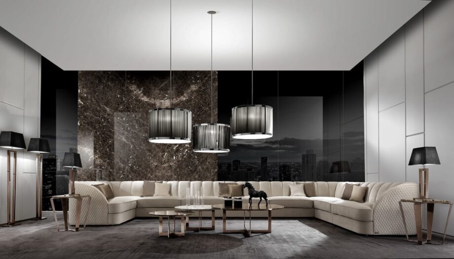 Windsor chandelier | DV home. Exquisite Art Deco chandelier featuring a metal frame and pleated fabric shade, perfect for luxurious interiors.