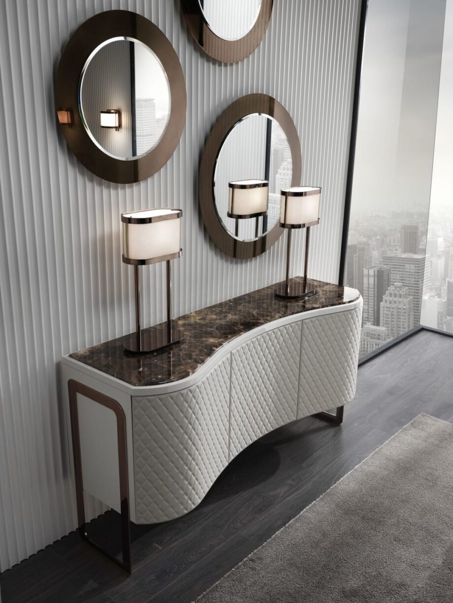 Form sideboard | DV home. Exquisite Art Deco buffet with luxurious finishes, combining curved lines and a geometric pattern.