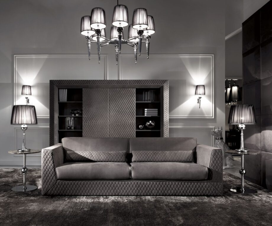 Douglas chandelier | DV home. A luxurious Art Deco chandelier crafted from shining brass or chrome, adorned with elegant fabric shades and dazzling crystal accents.