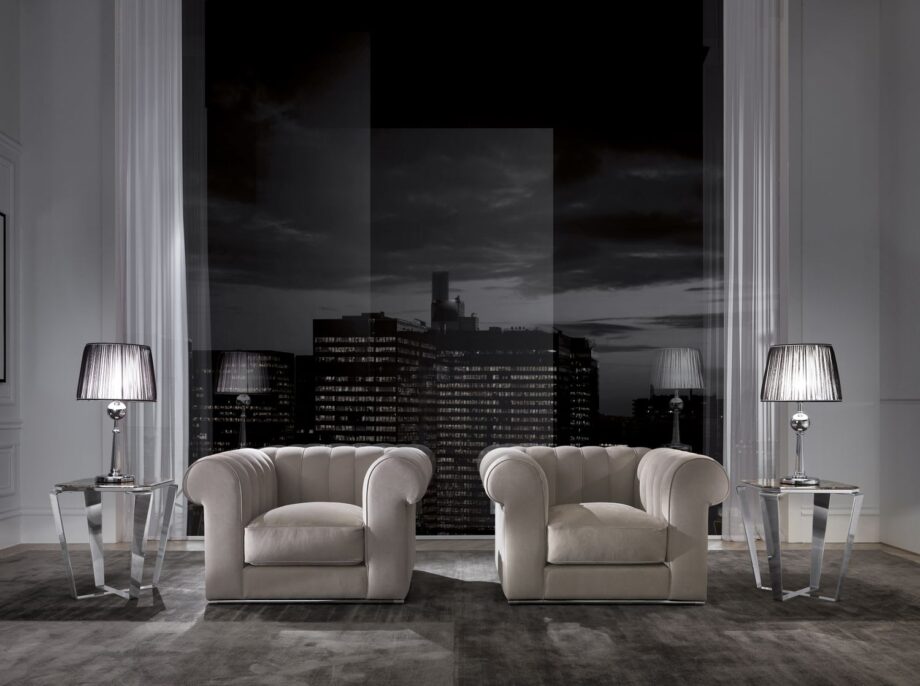 Kent armchair | DV home. Elegant armchair featuring a solid wood frame, goose feather filling, and a sophisticated chrome base.