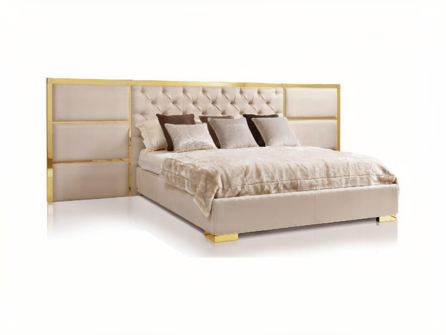 Chelsea Maxi bed | DV home. Exquisite bed with a high tufted headboard and metallic accents, embodying luxury and comfort.