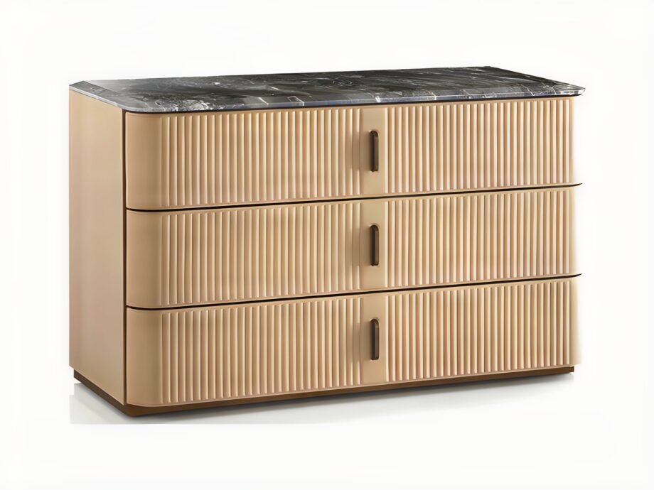 Windsor chest of drawers | DV home. Luxurious Art Deco chest of drawers with fluted leather fronts, marble top, and soft-close drawers for refined interiors.