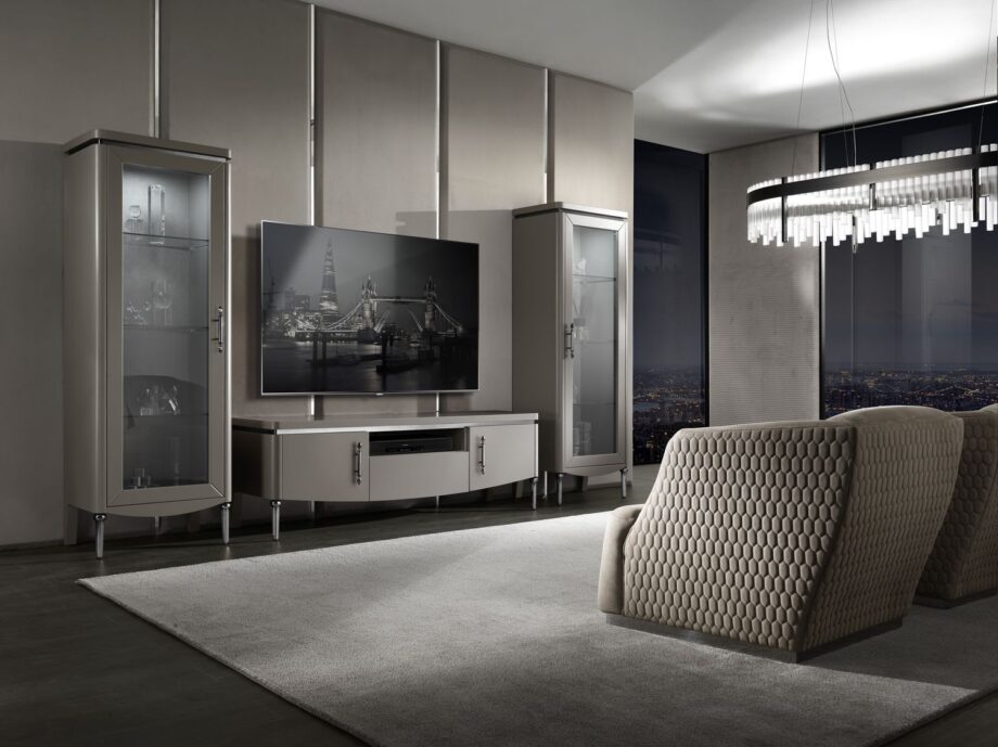 Egoist display cabinet | DV home. Elegant Art Deco display case with integrated lighting, glass shelves, wood, and metal finishes.