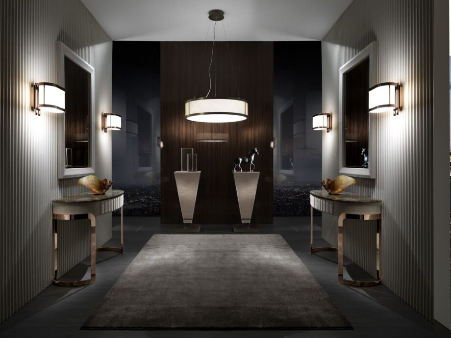 Gordon Applique wall lamp | DV home. Exquisite Art Deco wall lamp featuring luxurious metallic finishes and an elegant fabric shade.