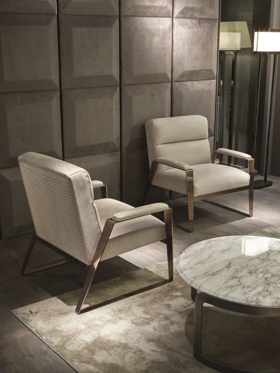 Hollywood armchair | DV home. Luxurious Art Deco armchair, handcrafted in Italy with solid wood, polished chrome steel, and premium upholstery.