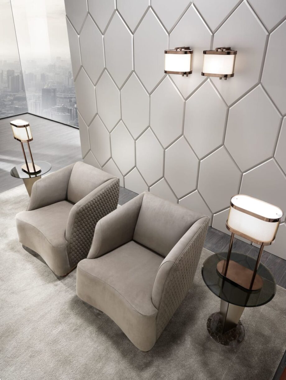 Venice armchair | DV home. Luxurious Art Deco armchair with unique hexagon quilting and polished steel base, offering supreme comfort.
