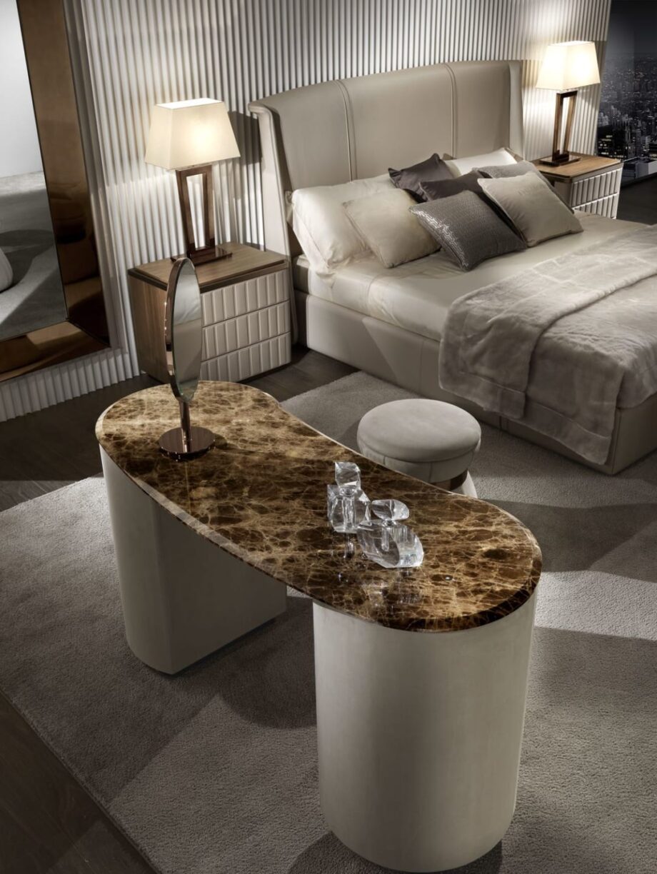 Tiffany dressing table | DV home. Exquisite console-dressing table with luxurious leather upholstery and a marble top, featuring drawers and a mirror.