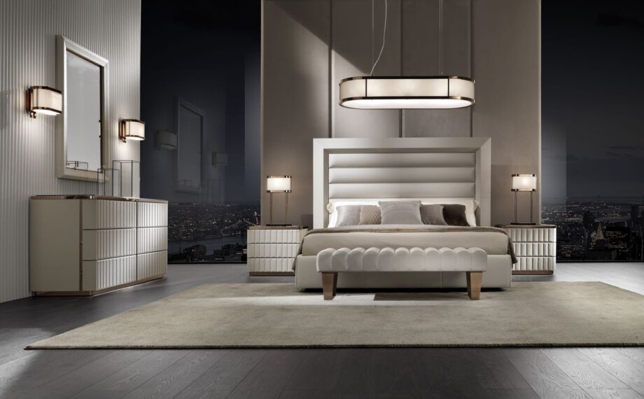 Ritz indoor benche | DV home. Exquisite Art Deco bench with channel tufting and shining chrome feet, available in various upholstery options.