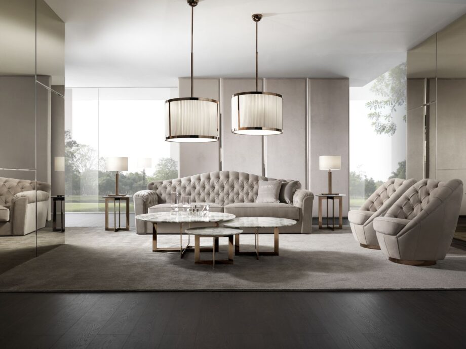 Windsor chandelier | DV home. Exquisite Art Deco chandelier featuring a metal frame and pleated fabric shade, perfect for luxurious interiors.