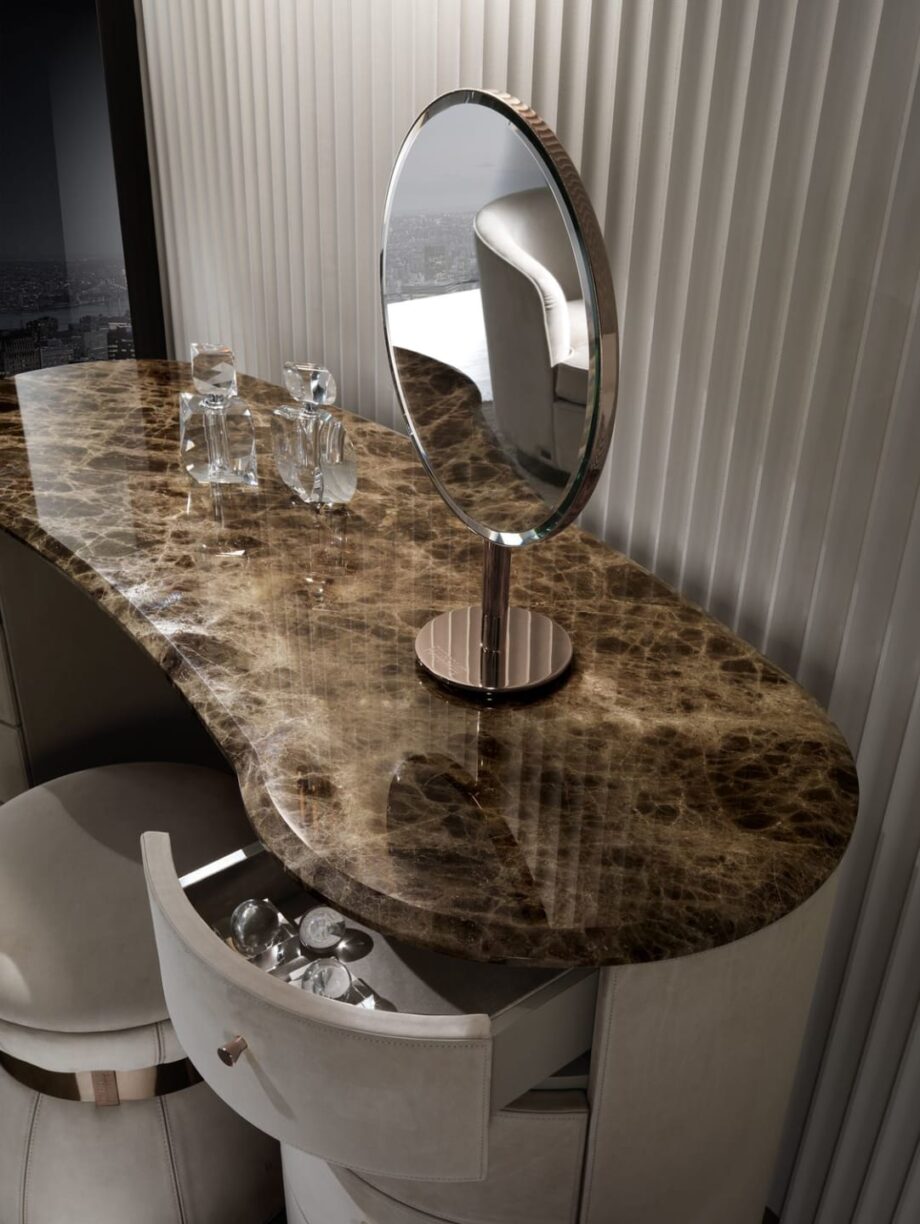 Tiffany dressing table | DV home. Exquisite console-dressing table with luxurious leather upholstery and a marble top, featuring drawers and a mirror.