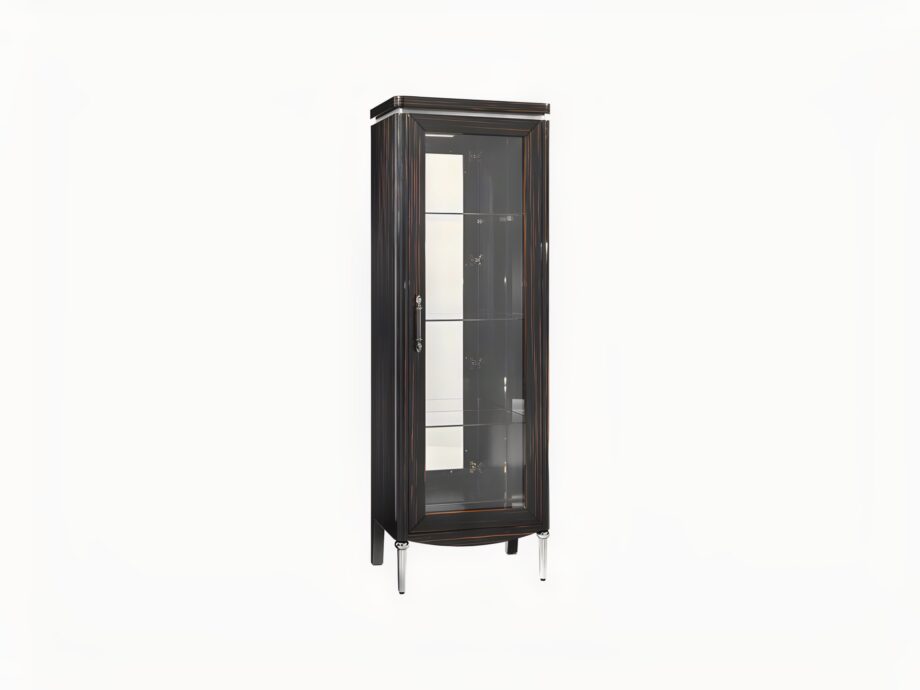 Egoist display cabinet | DV home. Elegant Art Deco display case with integrated lighting, glass shelves, wood, and metal finishes.