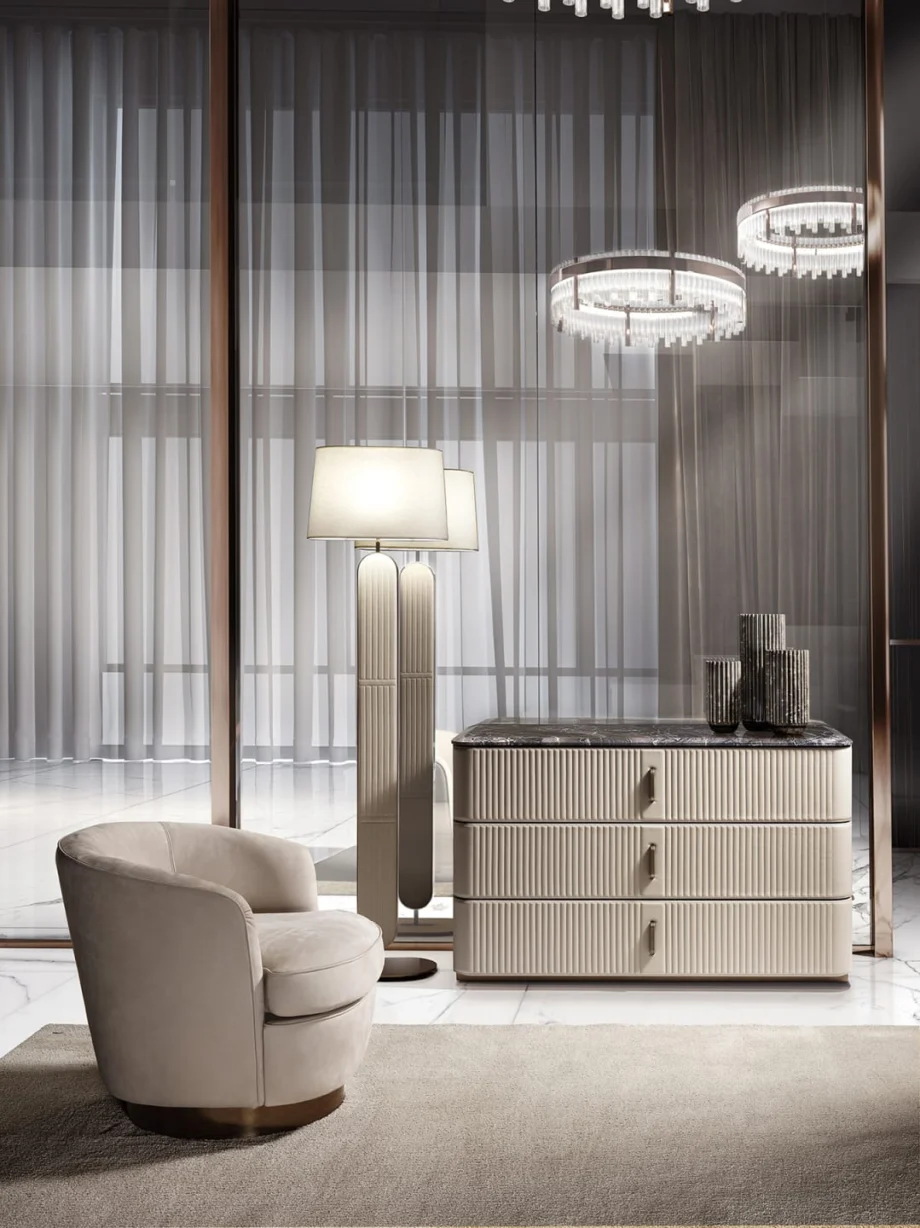 Coco floor lamp | DV home. Elegant Art Deco floor lamp with luxurious metal finishes and unique quilted or cannetè leather panels.