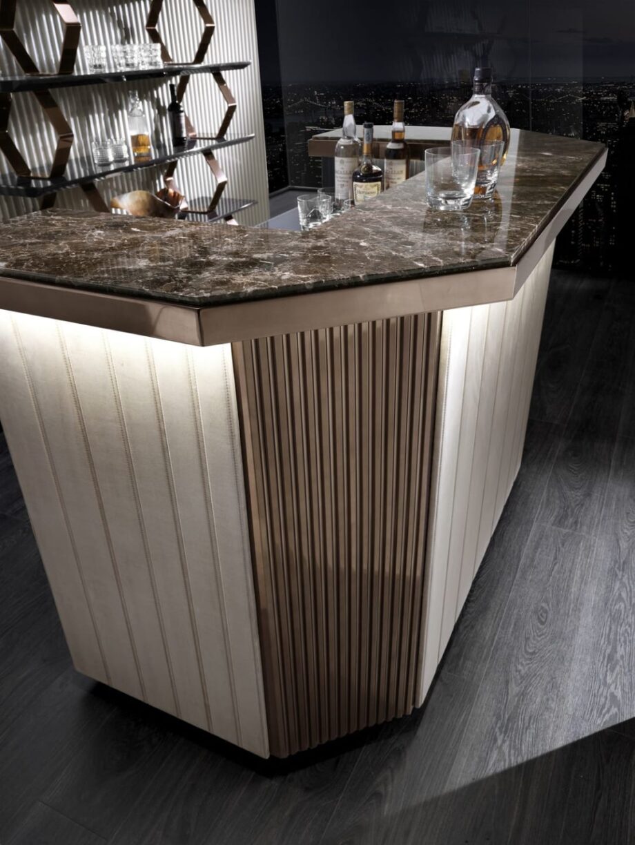 Charlotte bar cabinet | DV home. Elegant bar cabinet crafted from Macassar ebony, marble, and leather with integrated lighting and wine cellar.