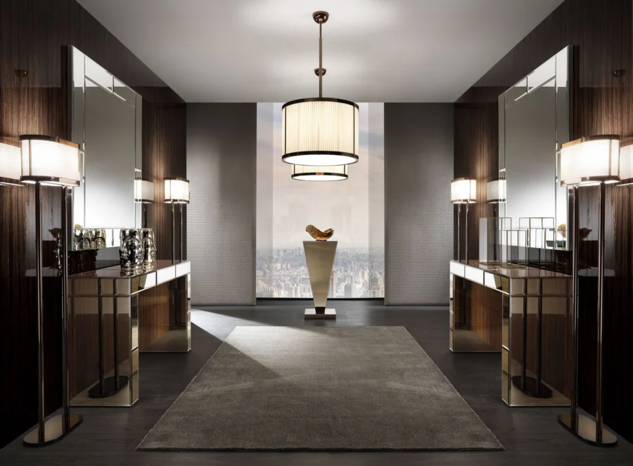 Gordon floor lamp | DV home. Elegant floor lamp with a metal structure and fabric shade, embodying luxurious Art Deco design.
