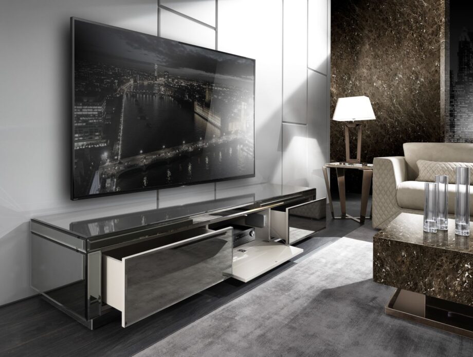 Envy Low tv furniture | DV home. Elegant TV unit with unique finish options including mirror, lacquer, veneer, and marble, featuring convenient drawers.