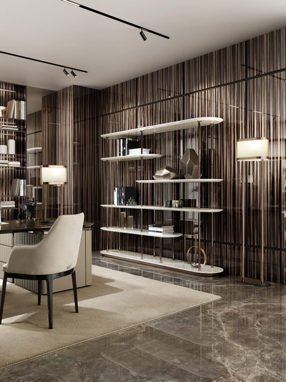 Manhattan shelving unit | DV home. Elegant designer bookcase featuring a unique modular structure and luxurious metallic finishes.