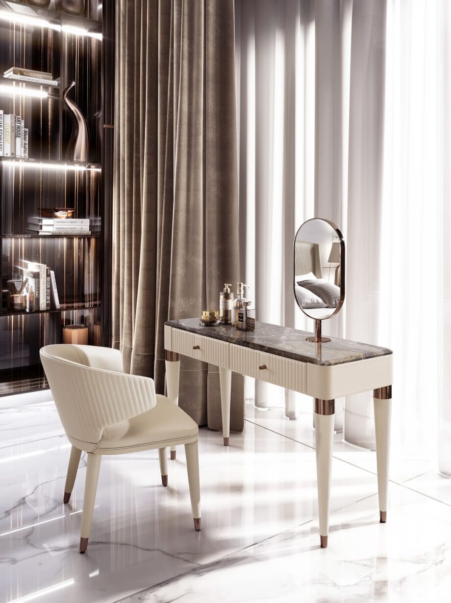 Hollywood dressing table | DV home. An exquisite Art Deco console, featuring rich material options and elegant metal accents, perfect for luxurious interiors.
