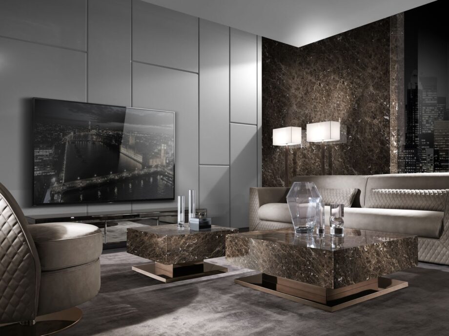 Envy Low tv furniture | DV home. Elegant TV unit with unique finish options including mirror, lacquer, veneer, and marble, featuring convenient drawers.