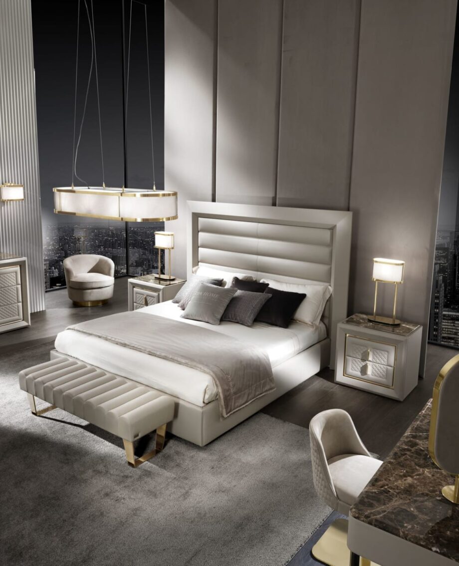 Ritz indoor benche | DV home. Exquisite Art Deco bench with channel tufting and shining chrome feet, available in various upholstery options.