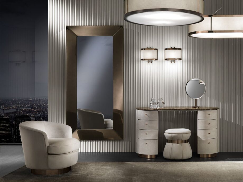 Tiffany dressing table | DV home. Exquisite console-dressing table with luxurious leather upholstery and a marble top, featuring drawers and a mirror.