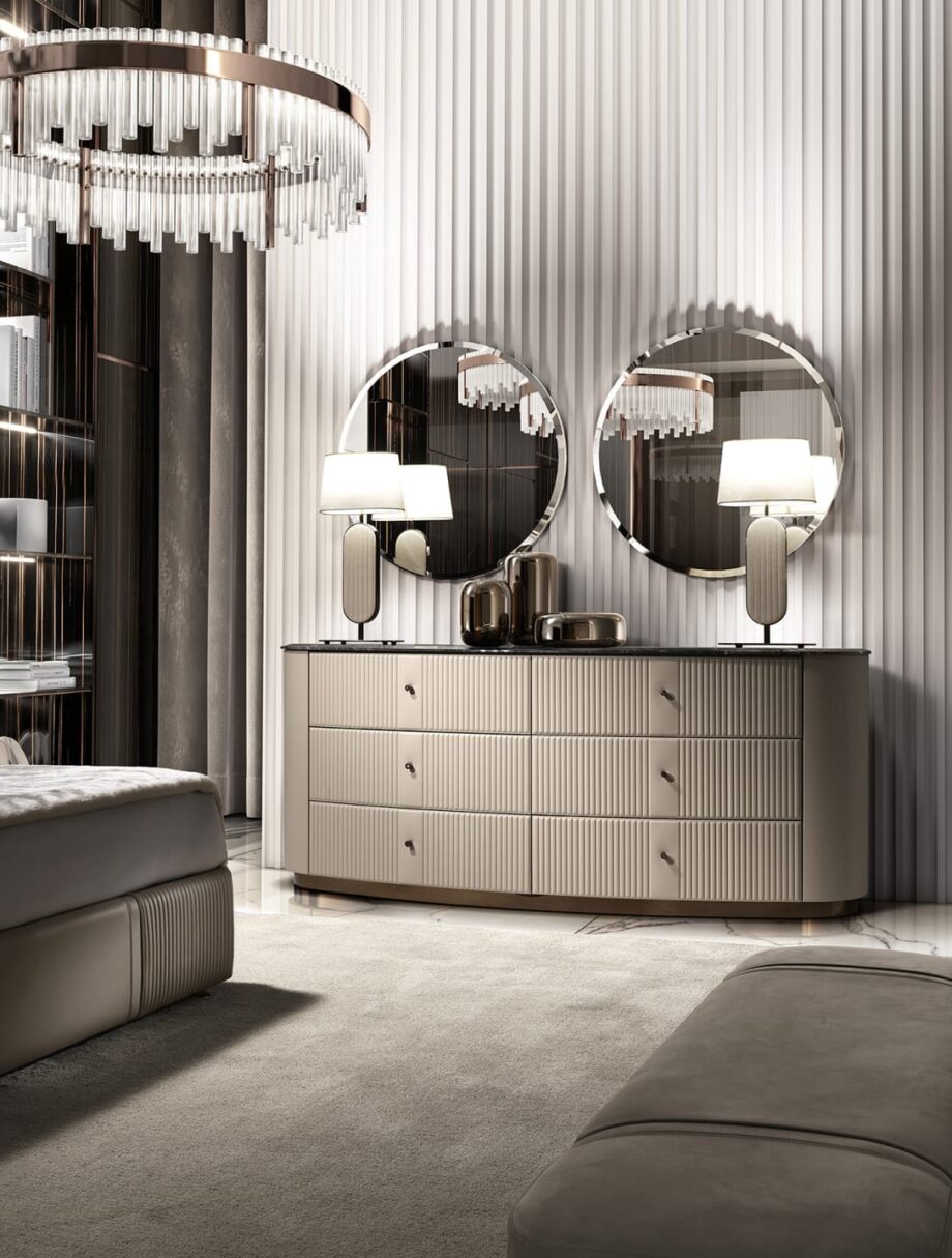 Charlotte chest of drawers | DV home. Luxury Art Deco drawer unit with unique hexagonal drawer fronts, premium leather, marble/walnut top, and stainless steel base.