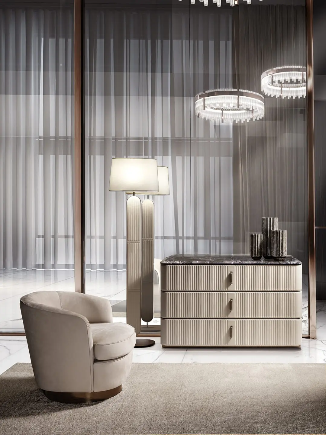 Windsor chest of drawers | DV home. Luxurious Art Deco chest of drawers with fluted leather fronts, marble top, and soft-close drawers for refined interiors.