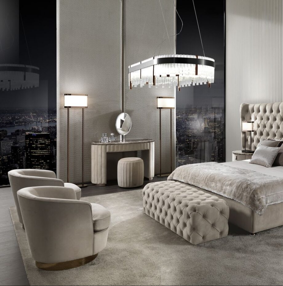 Gordon floor lamp | DV home. Elegant floor lamp with a metal structure and fabric shade, embodying luxurious Art Deco design.