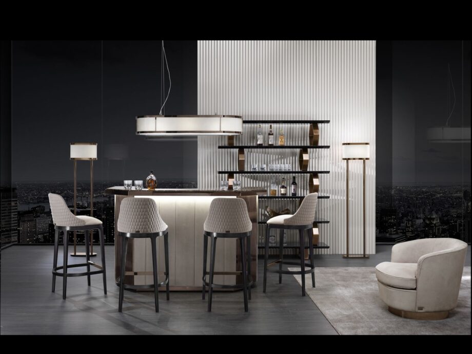 Charlotte bar cabinet | DV home. Elegant bar cabinet crafted from Macassar ebony, marble, and leather with integrated lighting and wine cellar.