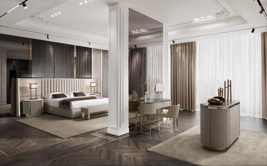 Beverly Maxi bed | DV home. Luxurious bed with a high headboard and elegant design, perfect for creating a sophisticated bedroom.