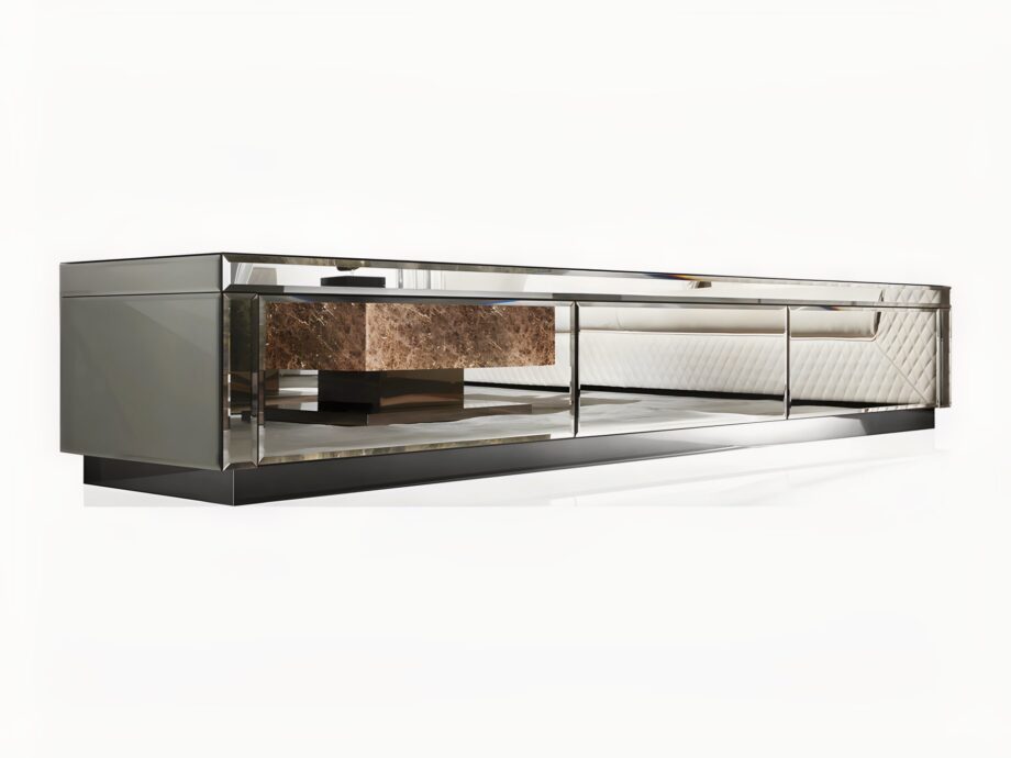 Envy Low tv furniture | DV home. Elegant TV unit with unique finish options including mirror, lacquer, veneer, and marble, featuring convenient drawers.