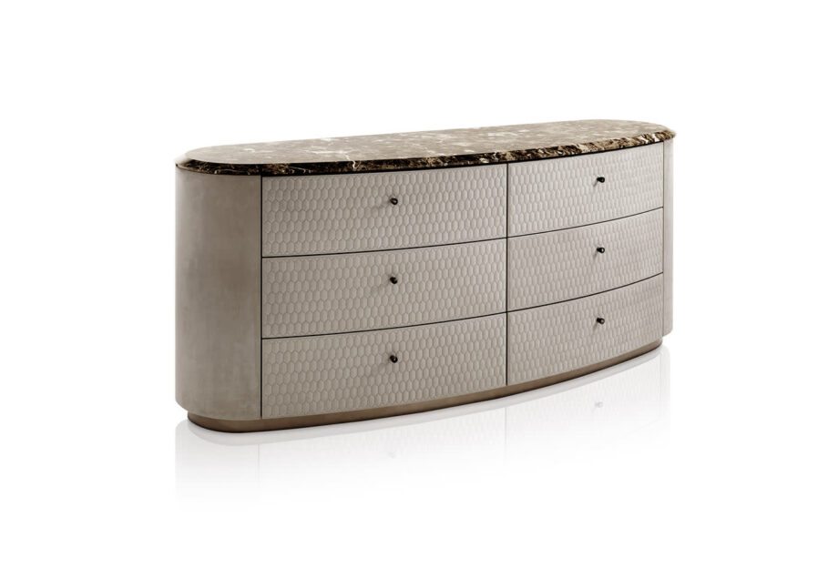 Charlotte chest of drawers | DV home. Luxury Art Deco drawer unit with unique hexagonal drawer fronts, premium leather, marble/walnut top, and stainless steel base.