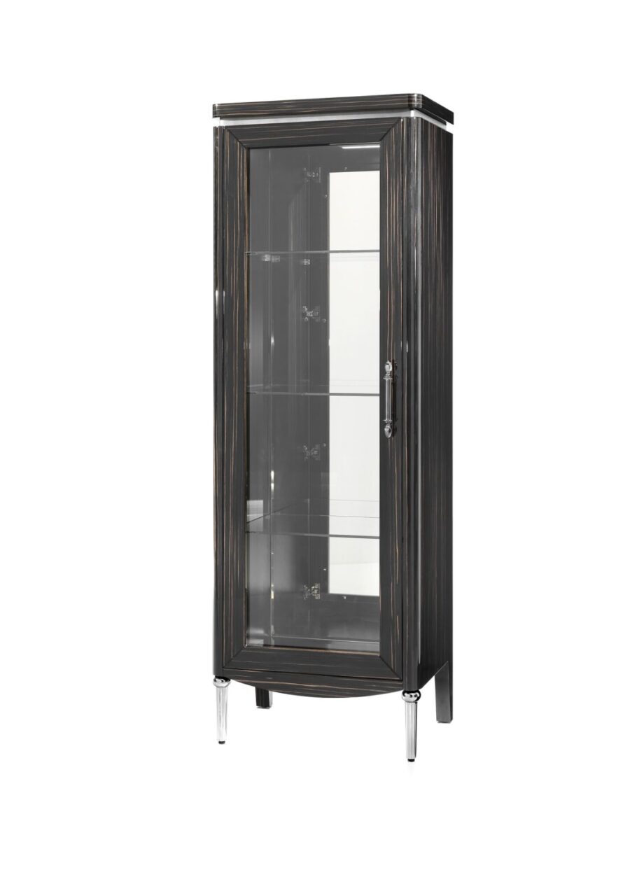 Egoist display cabinet | DV home. Elegant Art Deco display case with integrated lighting, glass shelves, wood, and metal finishes.