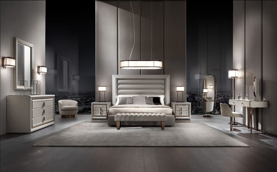 Ritz indoor benche | DV home. Exquisite Art Deco bench with channel tufting and shining chrome feet, available in various upholstery options.