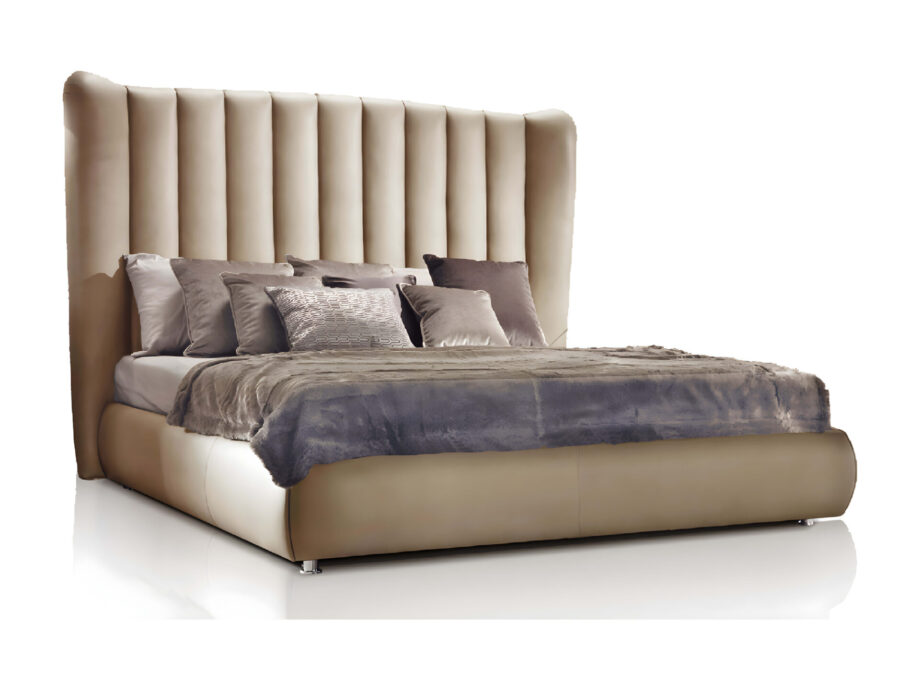 Hermes bed | DV home. Luxurious upholstered bed with a high, vertically tufted headboard, blending Art Deco glamour with contemporary elegance for sophisticated bedrooms.