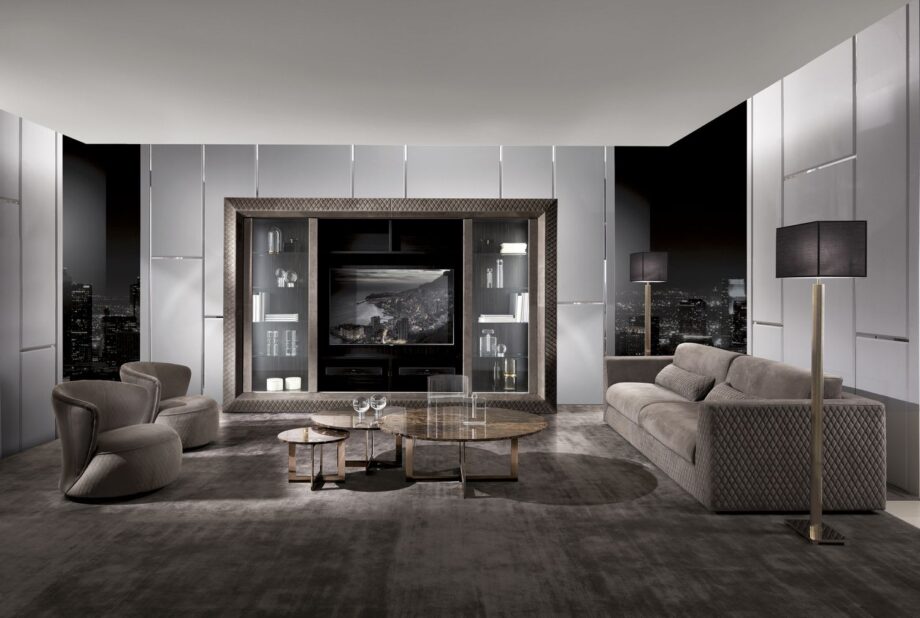 Byron Glass display cabinet | DV home. Elegant TV unit featuring Macassar ebony veneer, quilted leather, tempered glass sliding doors, and integrated lighting.