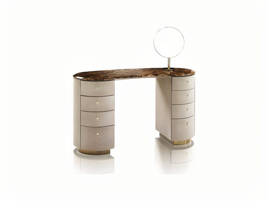 Tiffany dressing table | DV home. Exquisite console-dressing table with luxurious leather upholstery and a marble top, featuring drawers and a mirror.