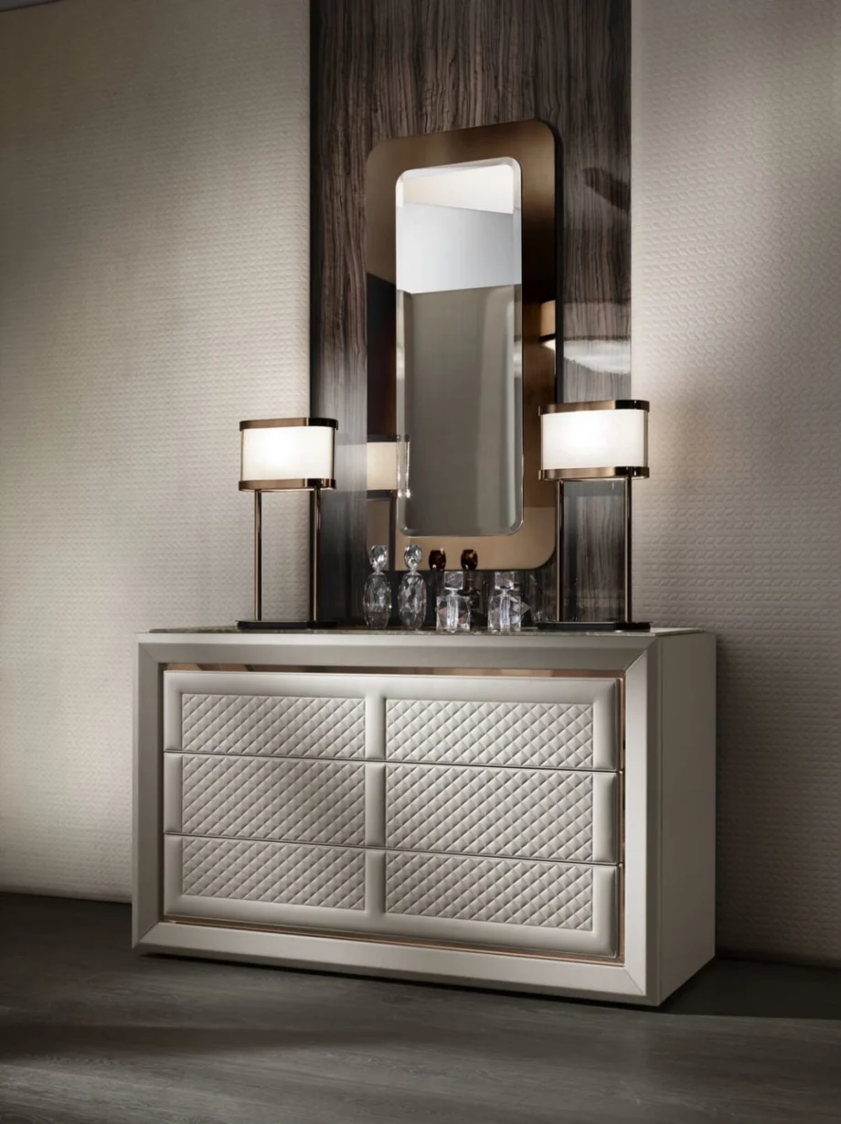 Adler Square chest of drawers | DV home. Exquisite Art Deco drawer unit with quilted leather frontals, marble top, and luxurious metal accents.